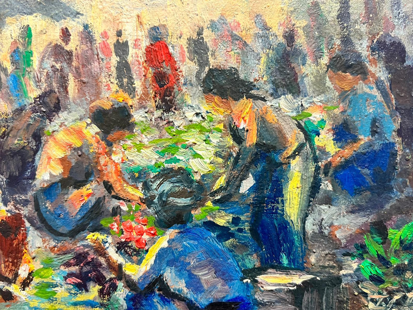 Mid 20th Century French Impressionist Oil Fruit & Vegetable Sellers Busy Market For Sale 1
