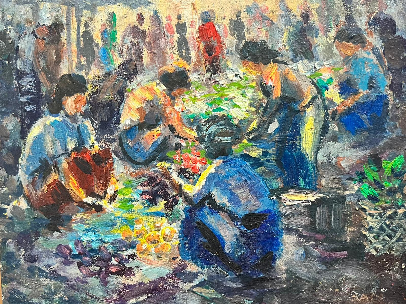 Figurative Painting de French School  - Mediados del siglo XX Óleo impresionista francés Vendedores de frutas y verduras Mercado ocupado