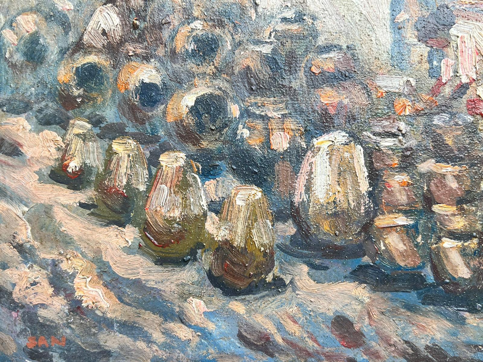 Pot à huile impressionniste français du milieu du 20e siècle Vendeur au marché - Painting de French School 