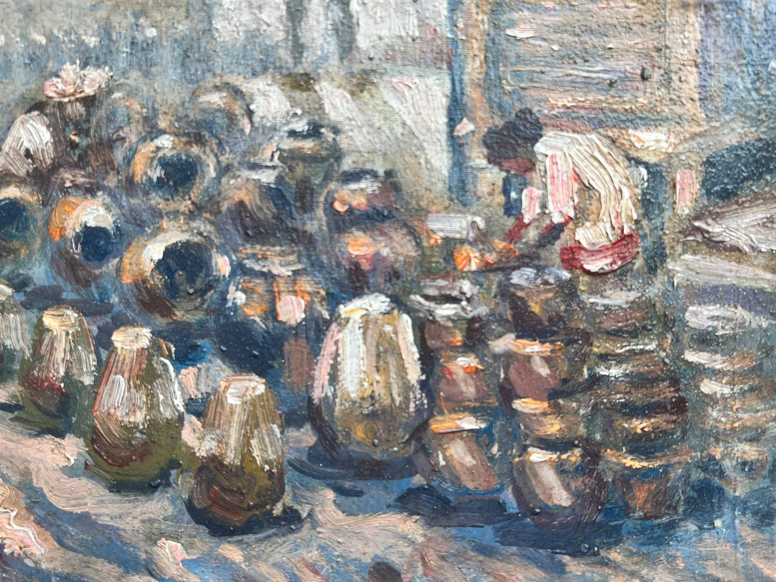 The Pot Seller
French Impressionist, mid 20th century
indistinctly signed lower corner
oil on canvas, unframed
canvas: 7 x 9 inches
provenance: private collection
condition: sound
