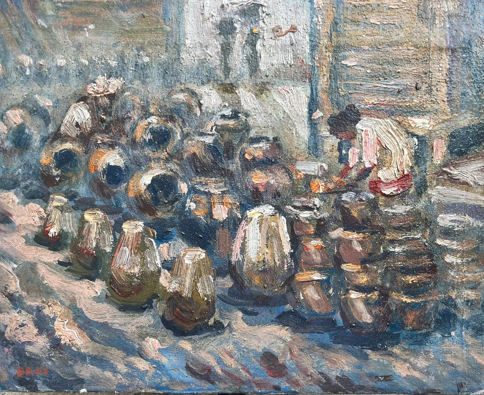 Figurative Painting French School  - Pot à huile impressionniste français du milieu du 20e siècle Vendeur au marché