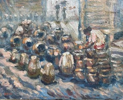 Pot à huile impressionniste français du milieu du 20e siècle Vendeur au marché