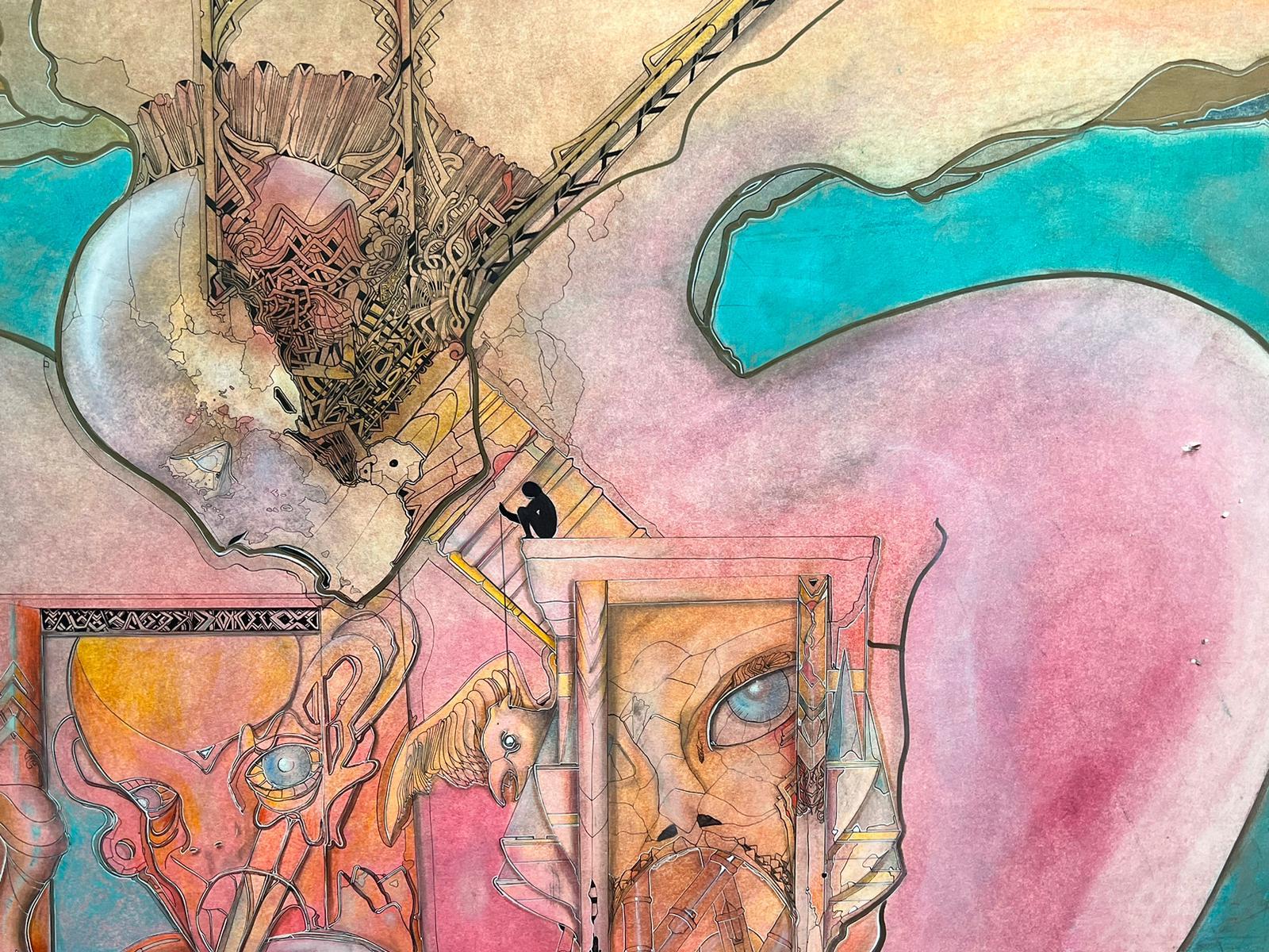 Quadro contemporaneo surrealista francese molto grande Figure astratte che si abbracciano - Painting di French School 