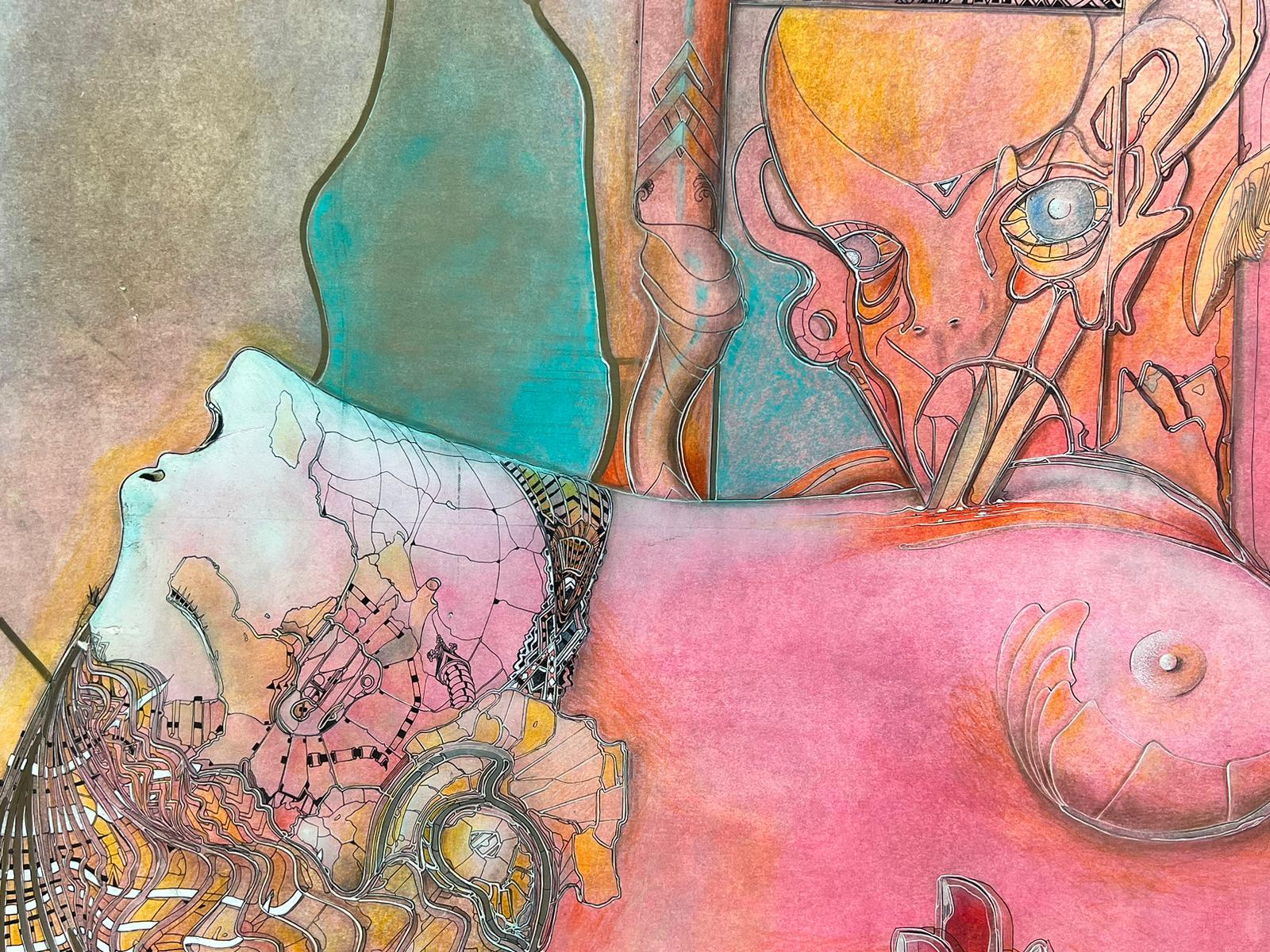 Quadro contemporaneo surrealista francese molto grande Figure astratte che si abbracciano - Figurative Painting Marrone di French School 