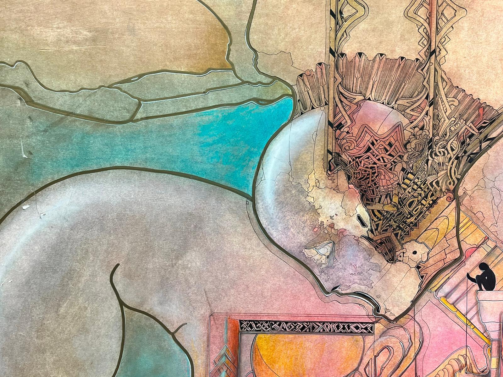 Artista surrealista francese, fine XX secolo/inizio XXI. 
dipinto ad acrilico e penna su tavola, senza cornice
tavola: 29,5 x 41,5 pollici
provenienza: collezione privata, Francia
condizioni: ottime e solide condizioni 
