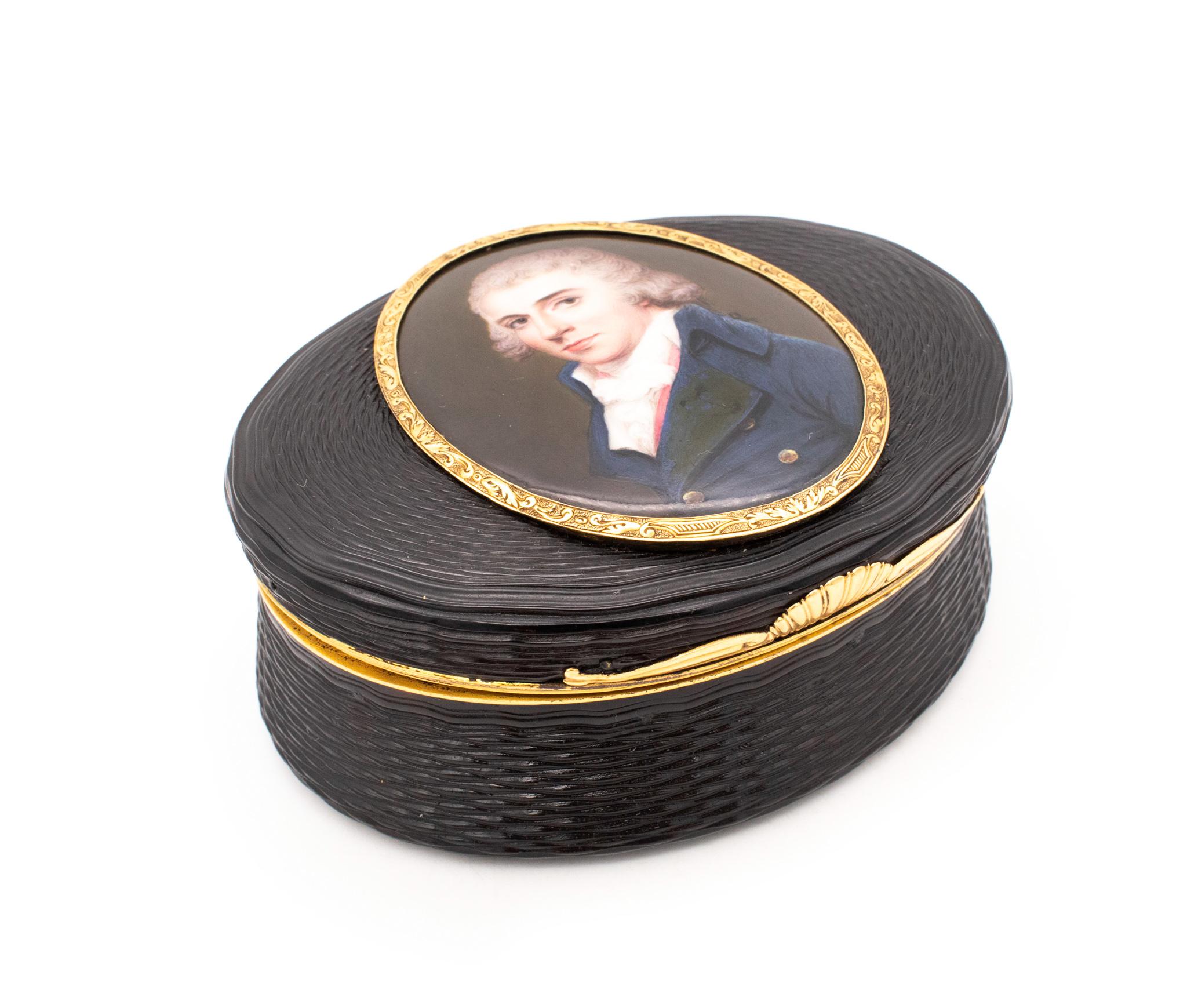 Presentation Snuff box from the 18th century French School.

A very important and rare Neoclassical oval box, made in Paris, France circa 1790. It was crafted with translucent natural brownish carvings mounted in a chiseled frame made up of yellow
