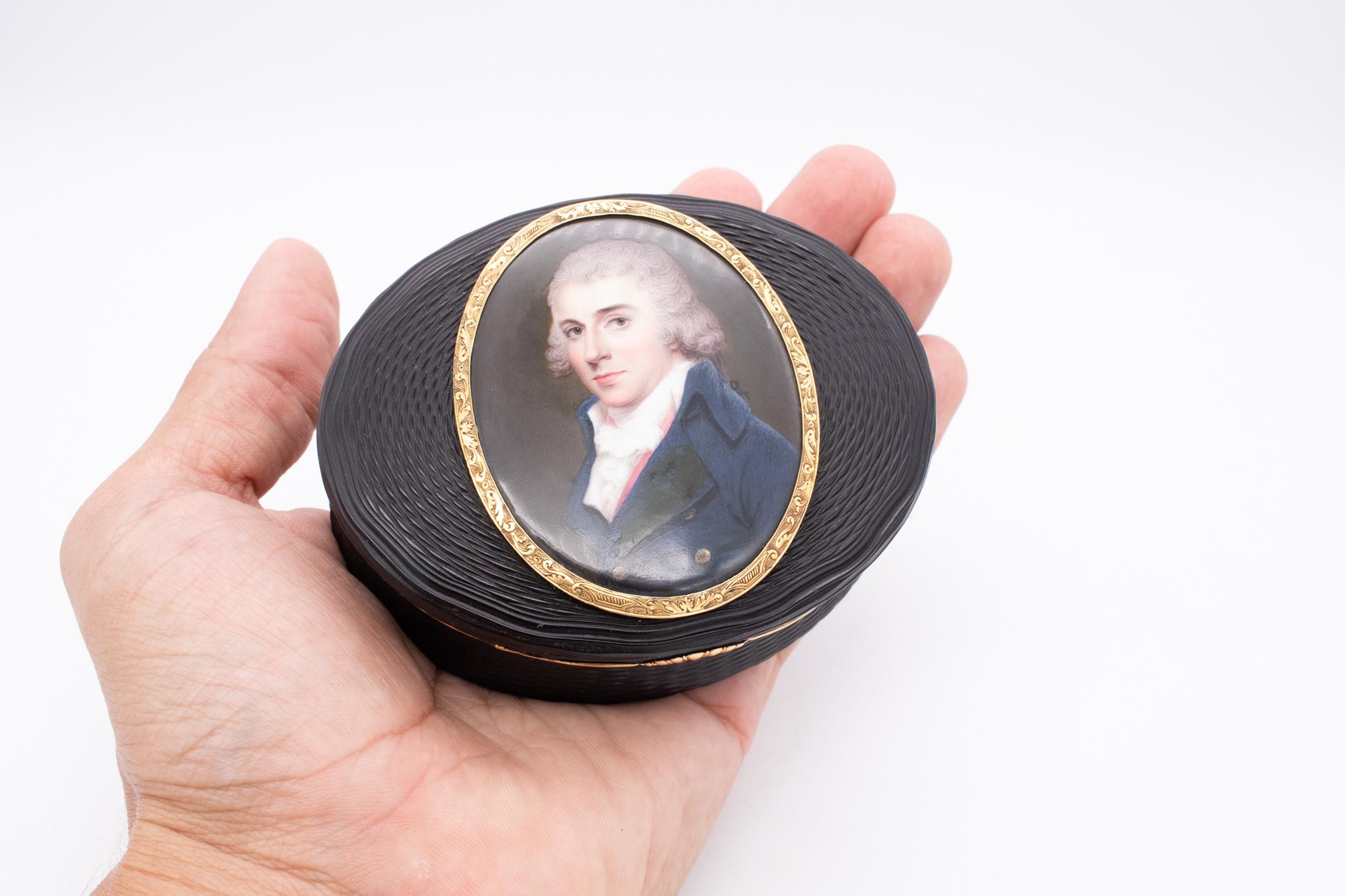 Neoclassical French School 1790 Louis XVI Oval Snuff Box in 18kt Gold with Miniature Portrait For Sale