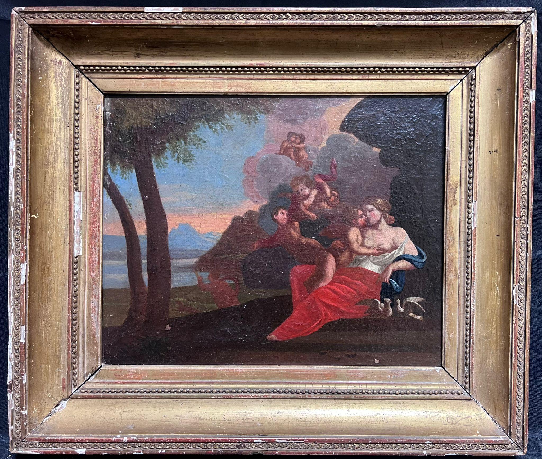 Mythological Figures in Classical Sunset Landscape
French School, 17th century
oil on canvas, framed
framed: 20 x 23.5
painting: 13.5 x 17 inches
provenance: private collection, England
condition: very good and sound condition; the frame is antique
