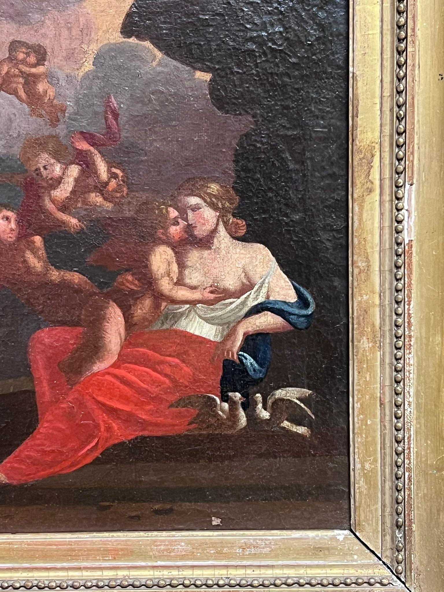 Fine 17. Jahrhundert Französisch Old Master Ölgemälde Nude Lady Tauben & Cherubs im Angebot 1