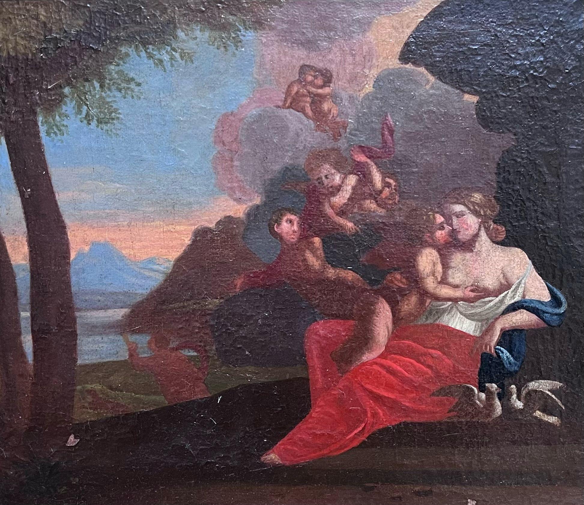 French School 17th Century Landscape Painting - Fine 17th Century French Old Master Oil Painting Nude Lady Doves & Cherubs