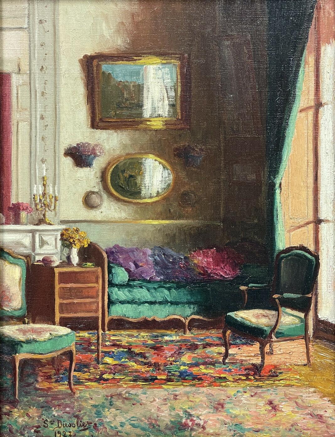 Artist/ School/ Date:
French School, 1920'S indistinctly signed and dated 1927

Title:
The Salon Interior. Painted with beautiful light and attention to detail.

Medium & Size:
oil painting on canvas: 14 x 10.75 inches, framed 18.5 x 15