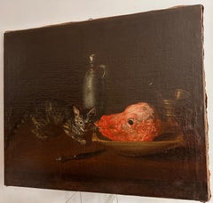 French School, 18th Century, "Calf's Head and Cat", Oil on Canvas, Monogram “AB”