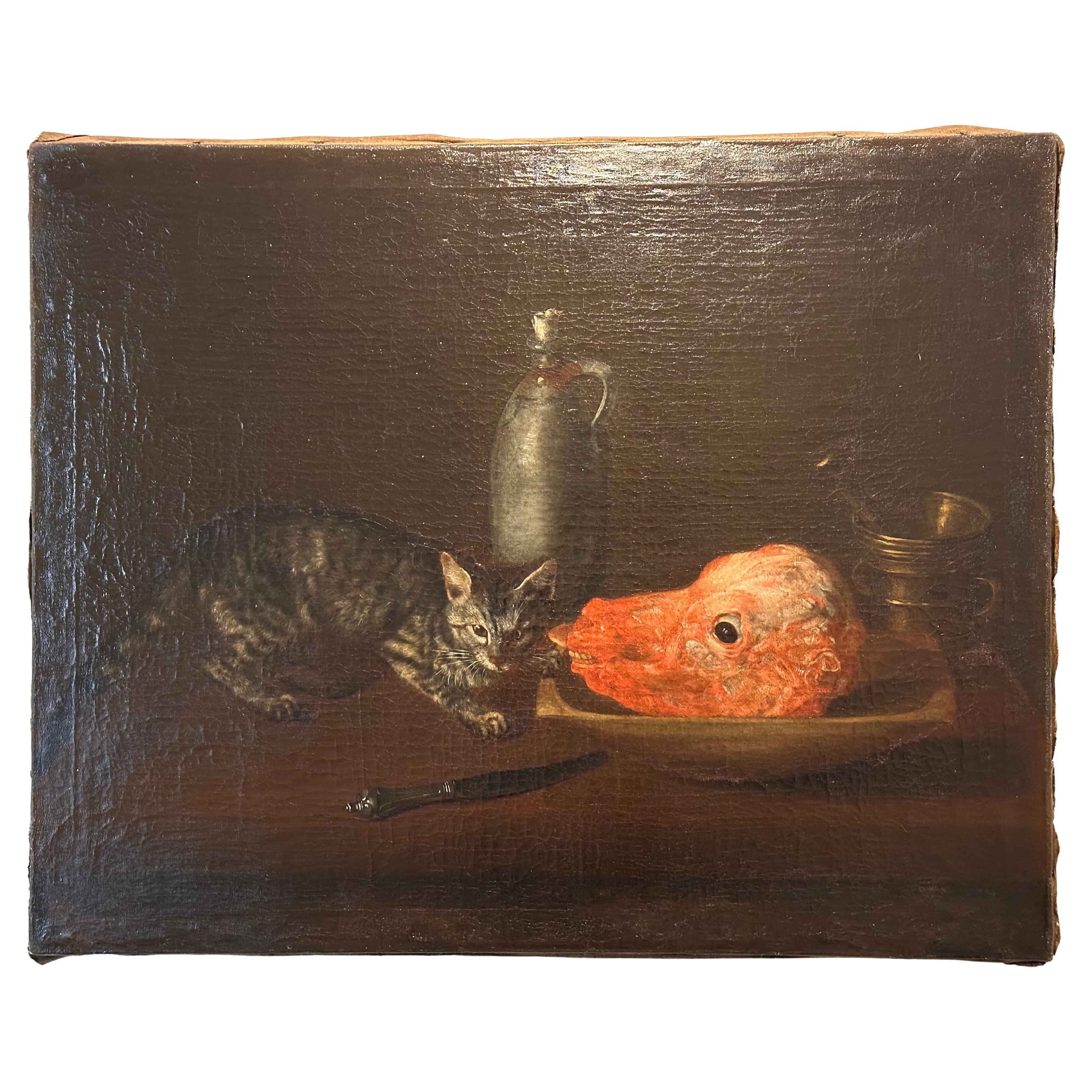 Scuola francese, XVIII secolo, "Testa di vitello e gatto", Olio su tela, Monogram "AB" in vendita