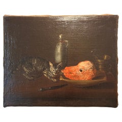 French School, 18th Century, "Calf's Head and Cat", Oil on Canvas, Monogram “AB”