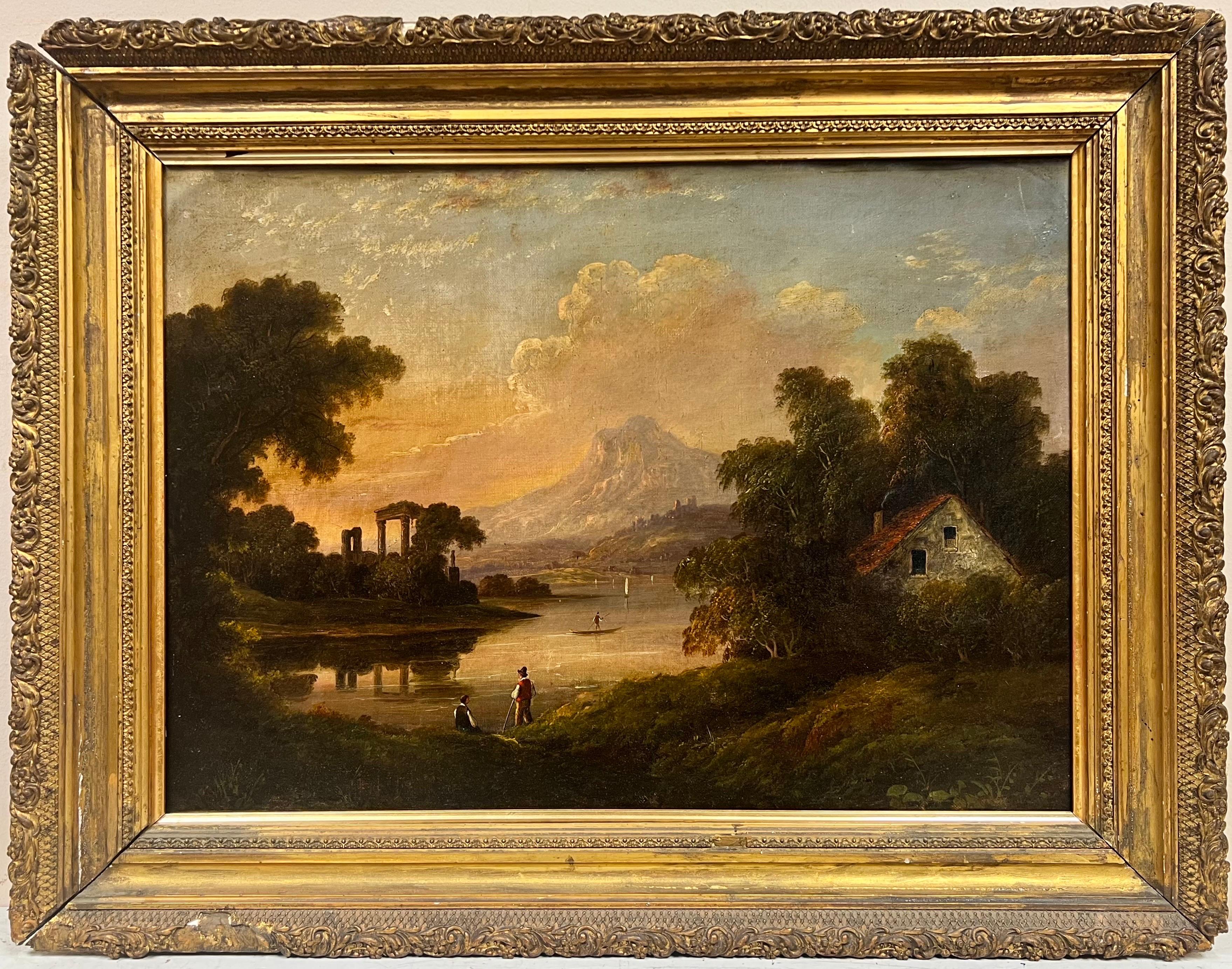1830's French Oil Romantic Classical Sunset Landscape Ancient Ruins Lake Figures - Painting by French School