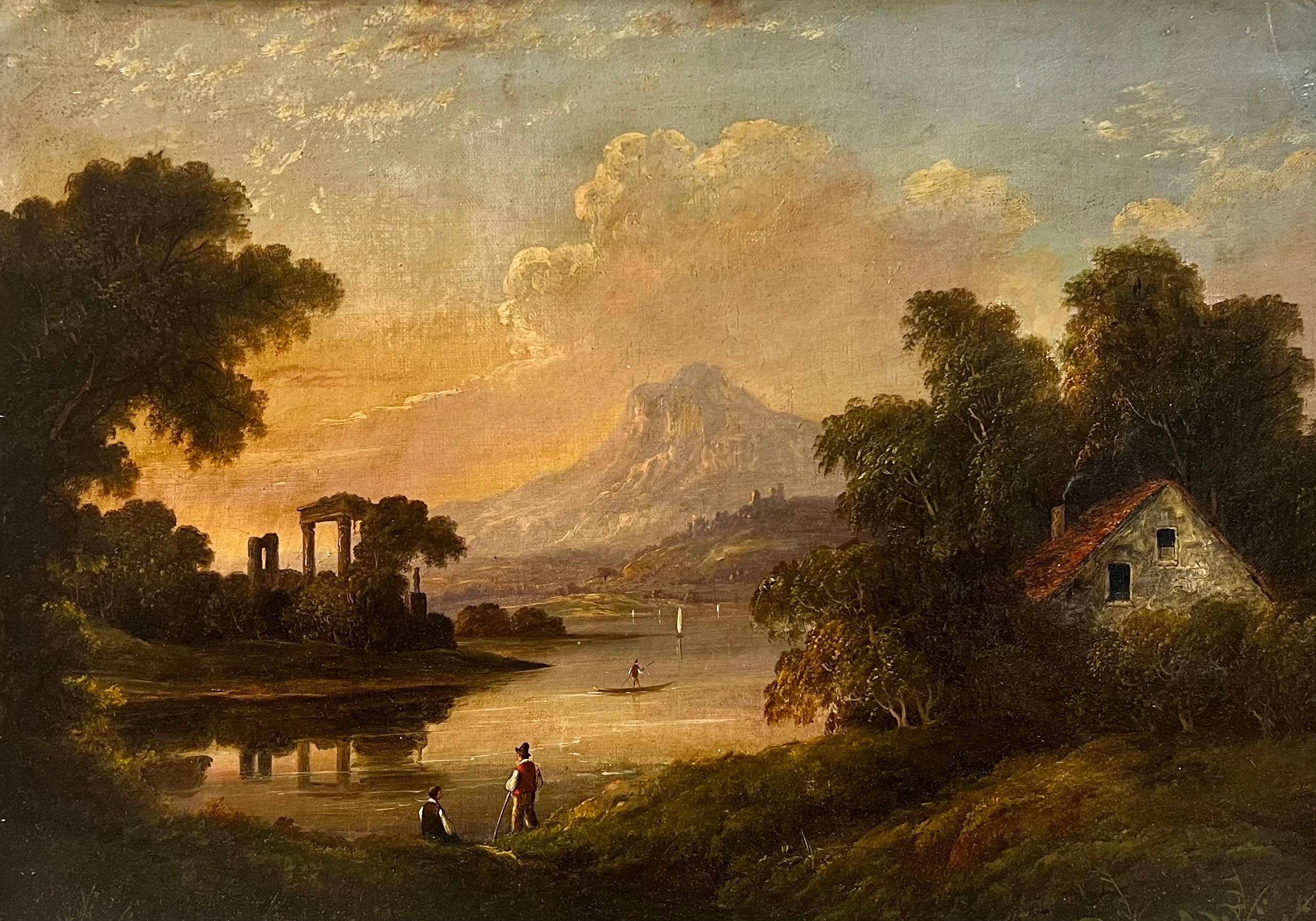 French School Figurative Painting - 1830's French Oil Romantic Classical Sunset Landscape Ancient Ruins Lake Figures