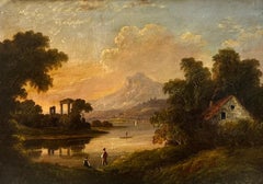 1830's French Oil Romantic Classical Sunset Landscape Ancient Ruins Lake Figures
