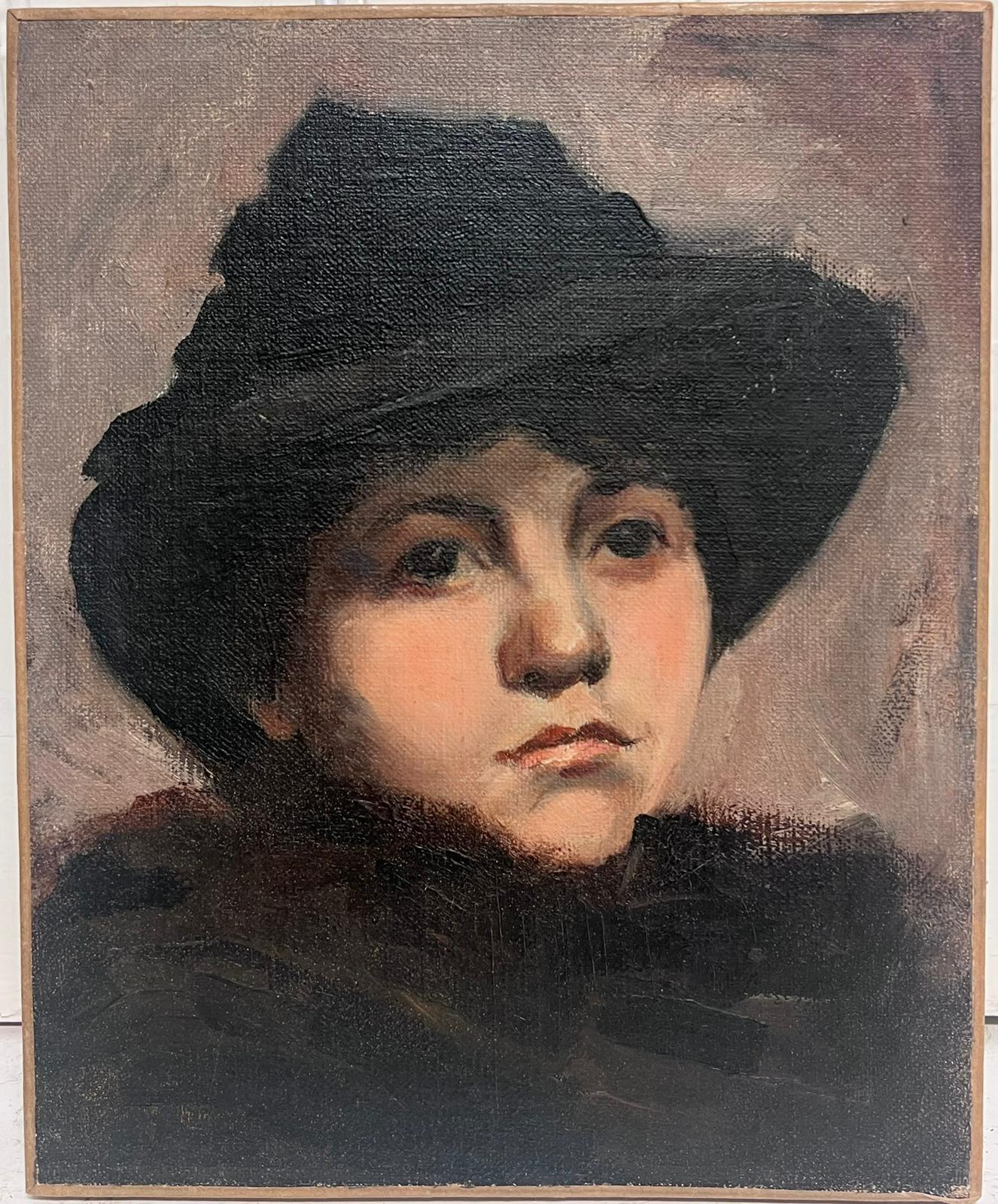 1890's French Impressionist Portrait of Lady in Black Hat Beautiful Oil Sketch - Painting by French School