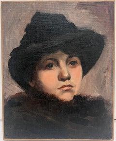 1890's French Impressionist Portrait of Lady in Black Hat Beautiful Oil Sketch