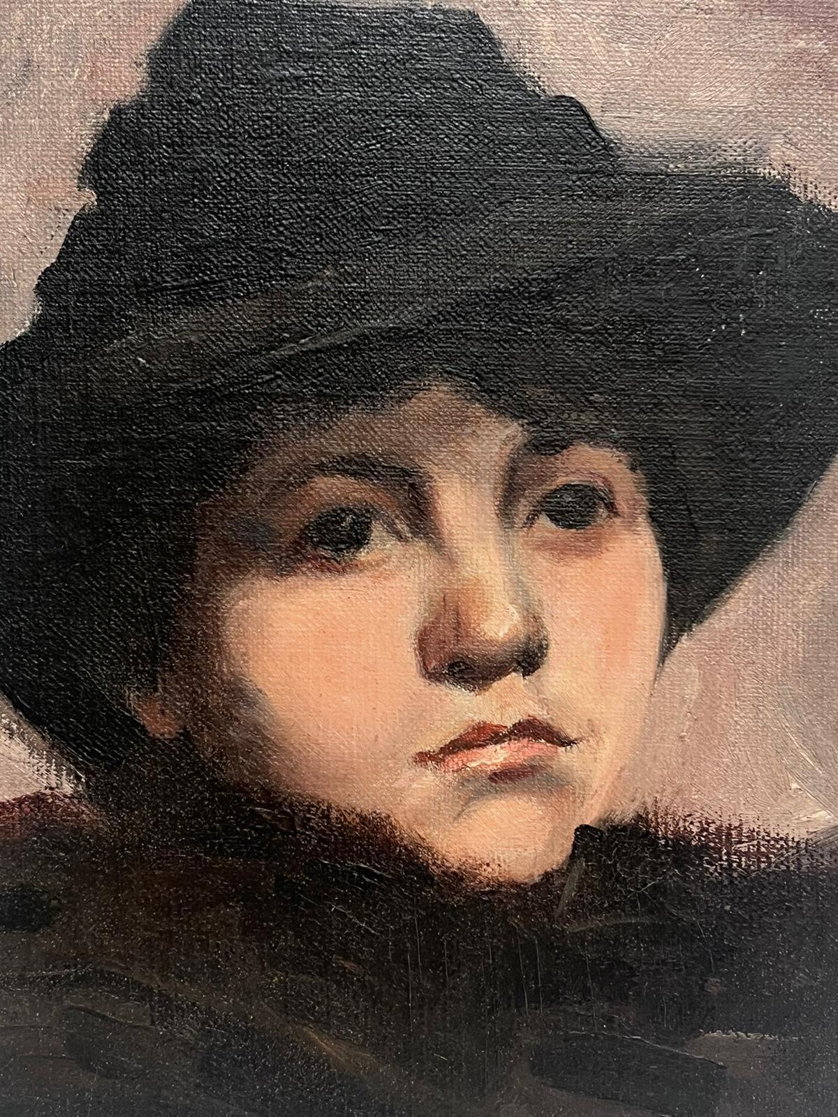 1890's French Impressionist Portrait of Lady in Black Hat Beautiful Oil Sketch For Sale 1