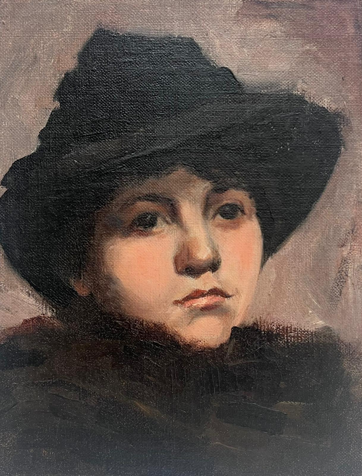 French School Figurative Painting - 1890's French Impressionist Portrait of Lady in Black Hat Beautiful Oil Sketch