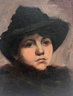 Antique 1890's French Impressionist Portrait of Lady in Black Hat Beautiful Oil Sketch
