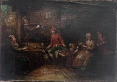 18th Century French Oil Painting Tavern Scene Interior Figures & Violin Player