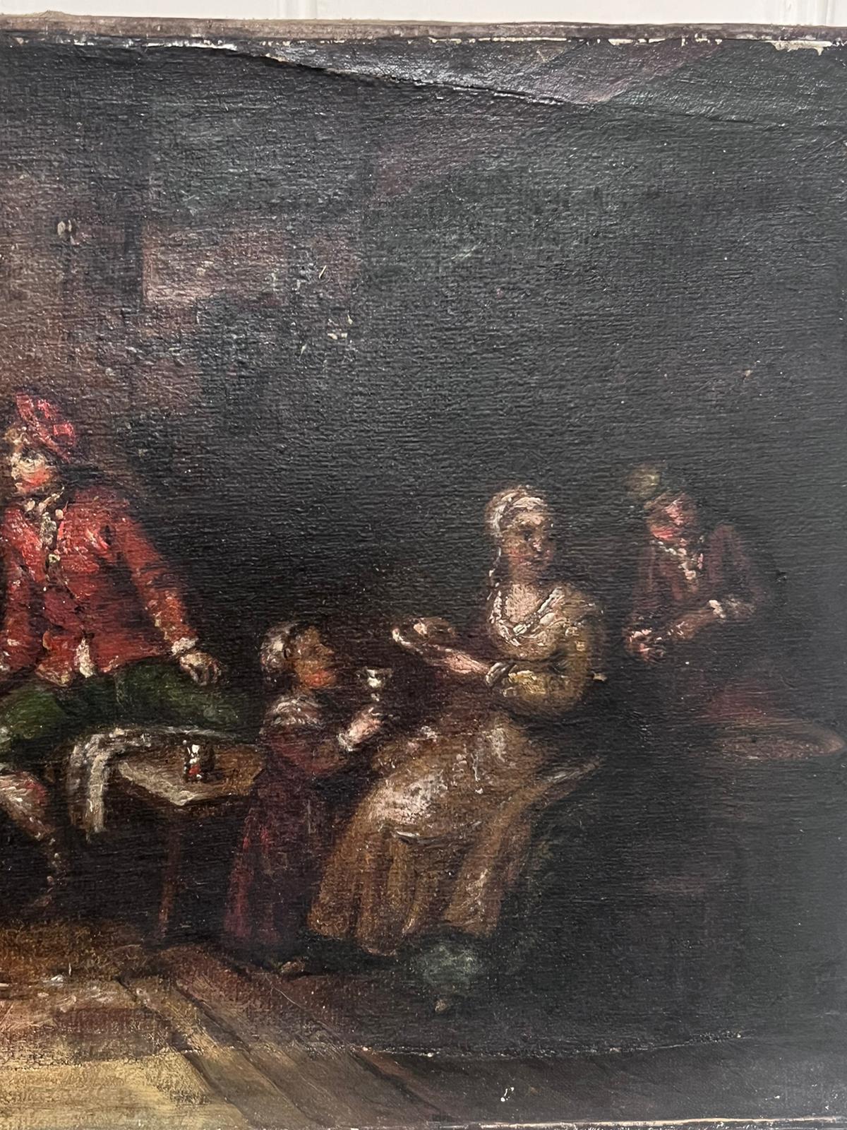 18th Century French Oil Painting Tavern Scene Interior Figures & Violin Player For Sale 1