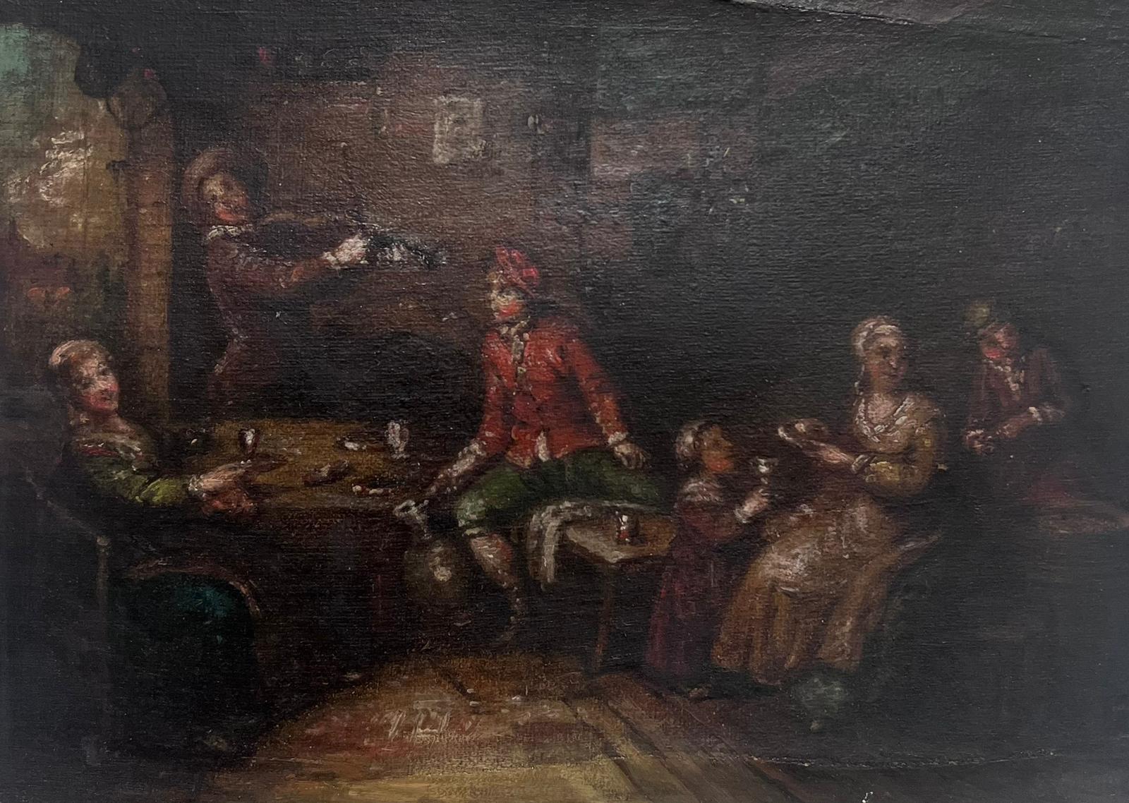 French School Figurative Painting - 18th Century French Oil Painting Tavern Scene Interior Figures & Violin Player