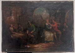 18th Century French Oil Painting Tavern Scene Interior Merry Making Figures