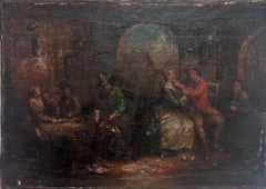 18th Century French Oil Painting Tavern Scene Interior Merry Making Figures