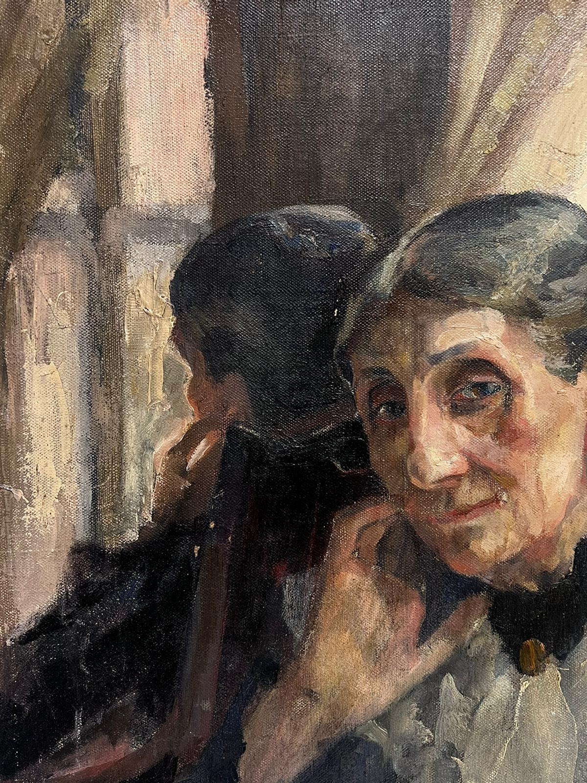 Peinture à l'huile impressionniste française des années 1900 représentant une femme âgée dans un miroir - Painting de French School