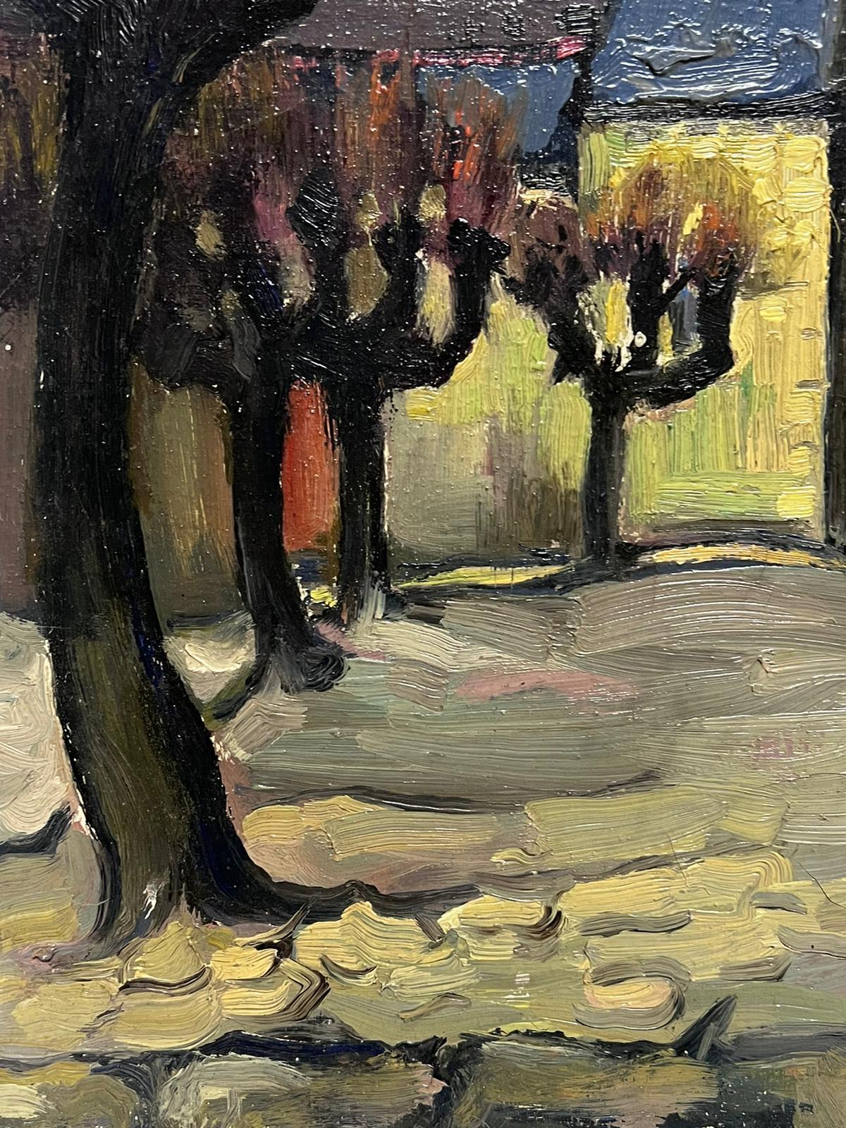 Französisches postimpressionistisches Ölgemälde mit knorrenden Bäumen in der alten französischen Stadt, 1900er Jahre – Painting von French School