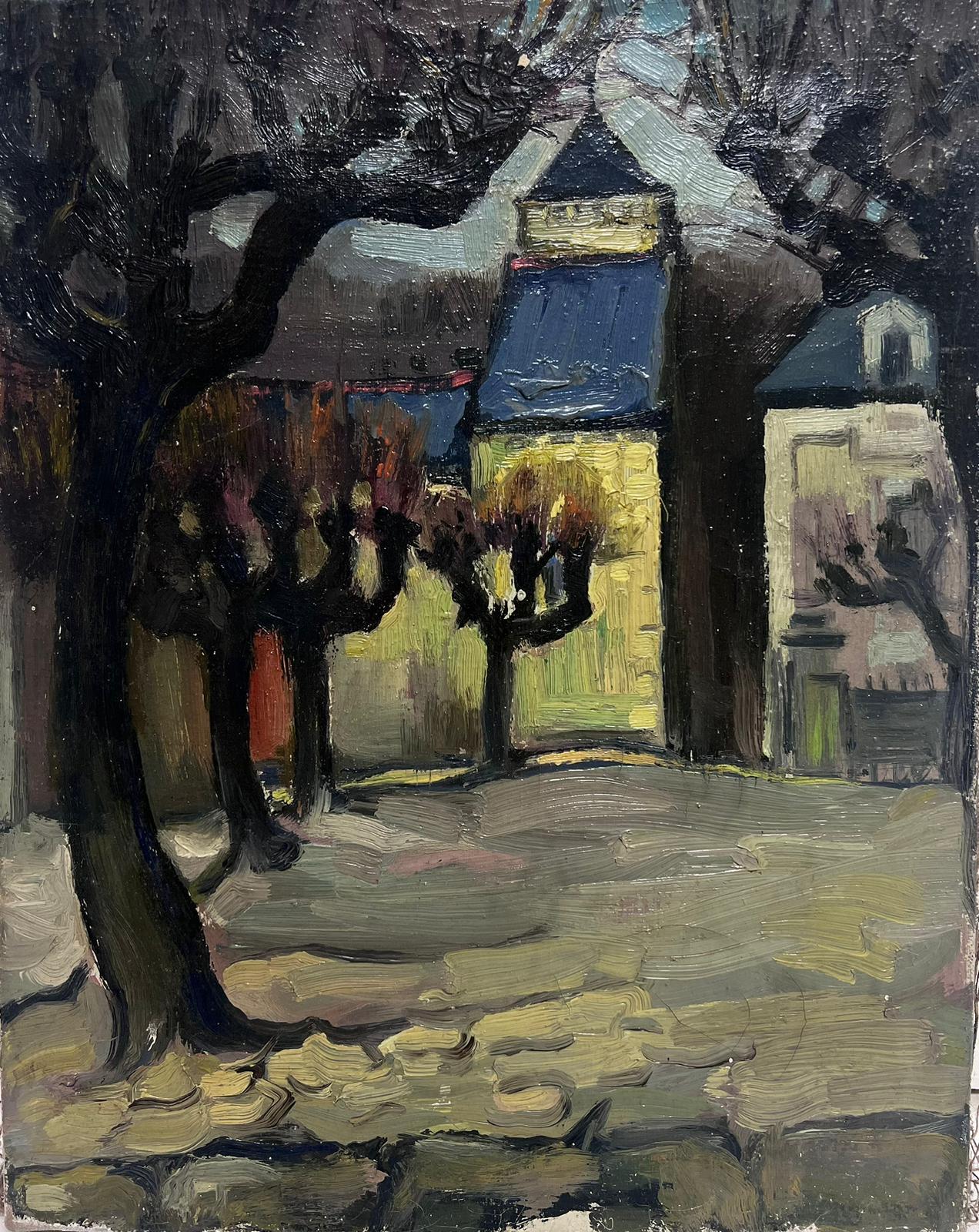 French School Abstract Painting - 1900's French Post Impressionist Oil Painting Gnarled Trees in Old French Town