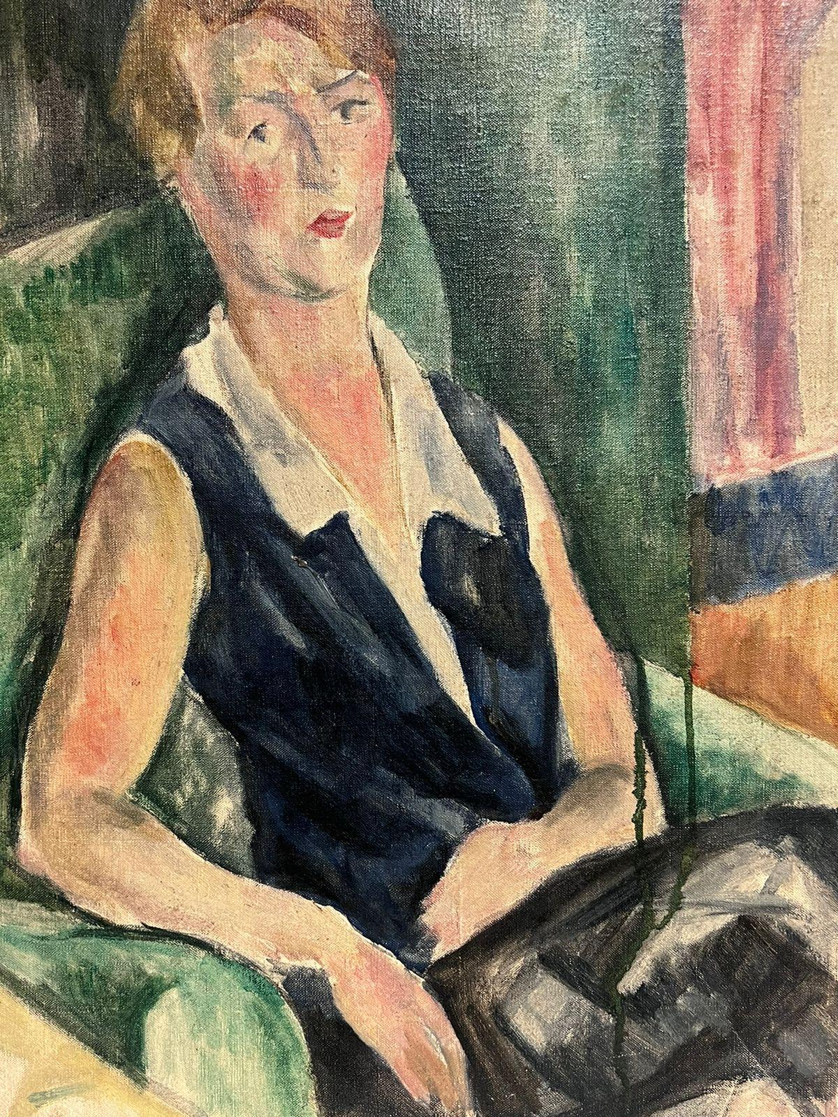 1900's French Post Impressionist Oil Painting Portrait of Lady Seated in Chair - Gray Portrait Painting by French School
