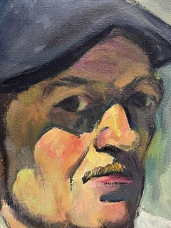 1930's French Impressionist Portrait of Man in Beret Cap Oil Painting on Canvas