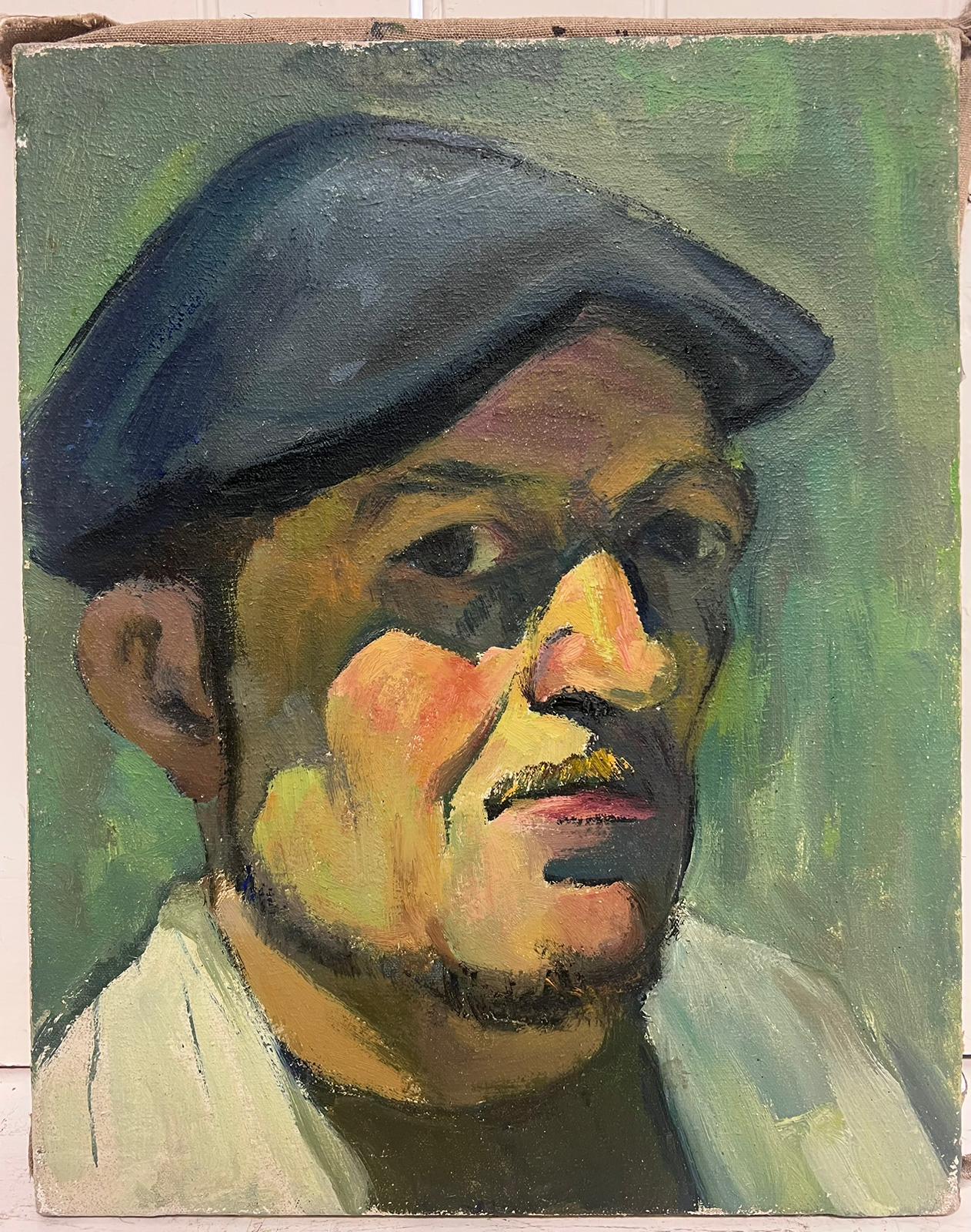 1930's French Impressionist Portrait of Man in Beret Cap Oil Painting on Canvas For Sale 3