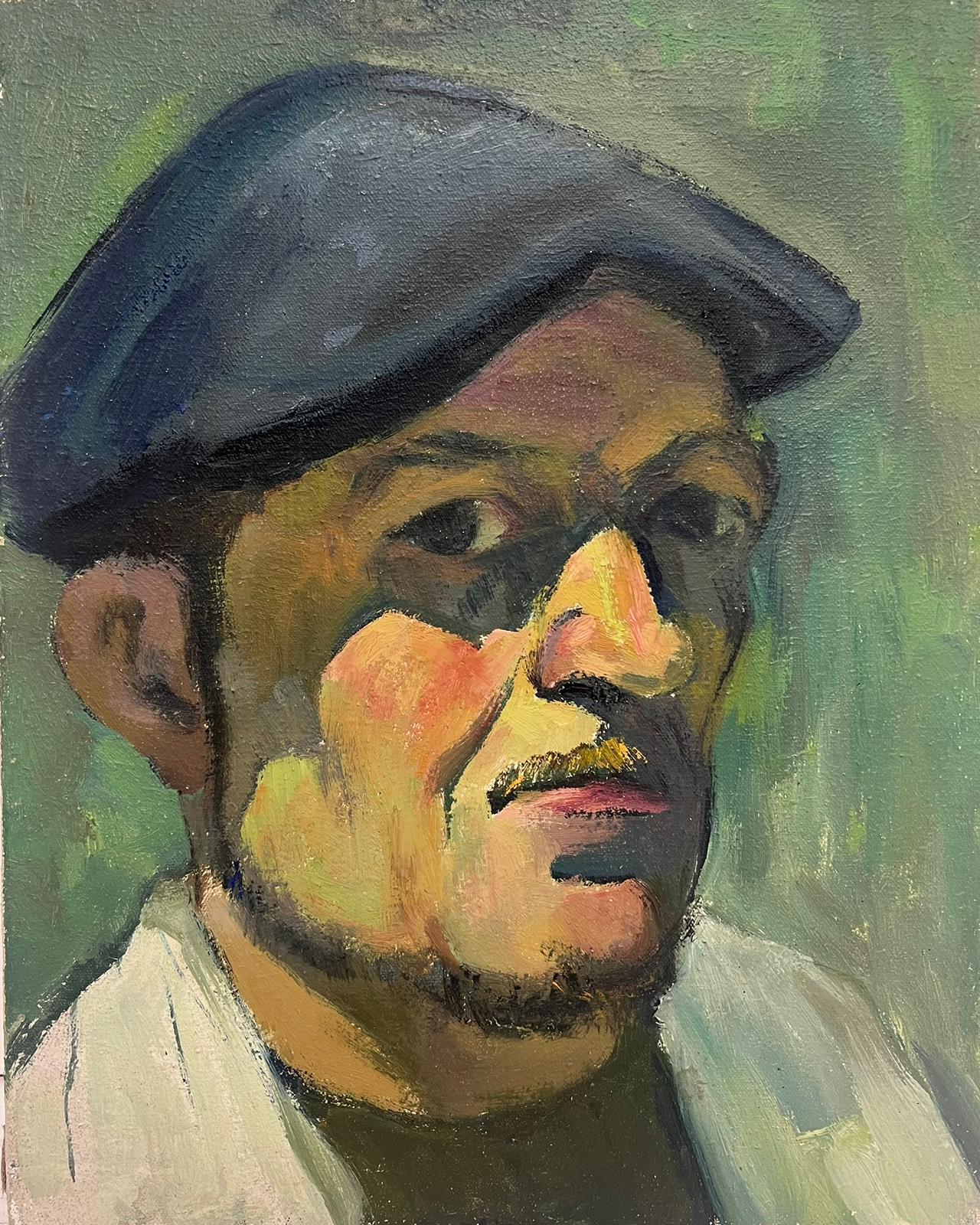 French School Figurative Painting - 1930's French Impressionist Portrait of Man in Beret Cap Oil Painting on Canvas