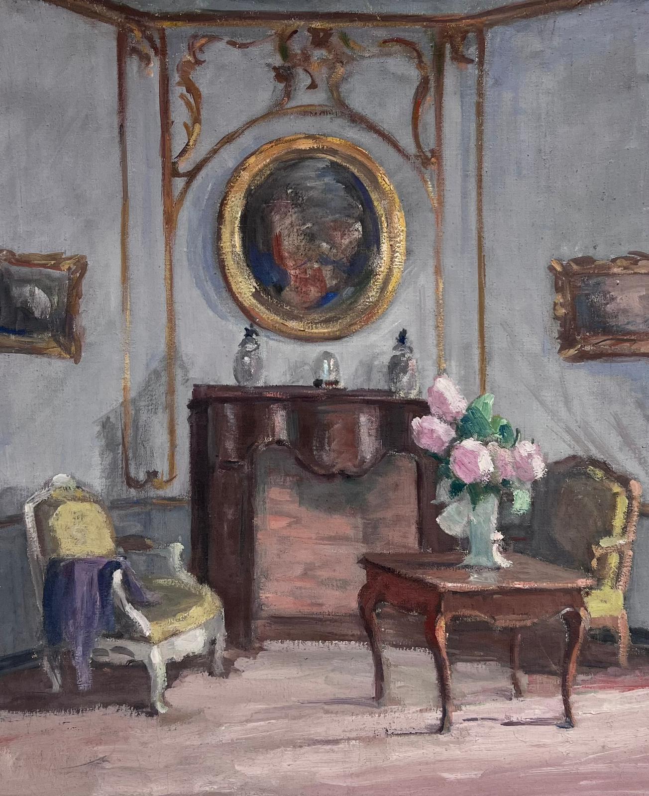 Peinture à l'huile d'intérieur française des années 1930, à l'abat-jour rose pastel et bleu pâle - Painting de French School