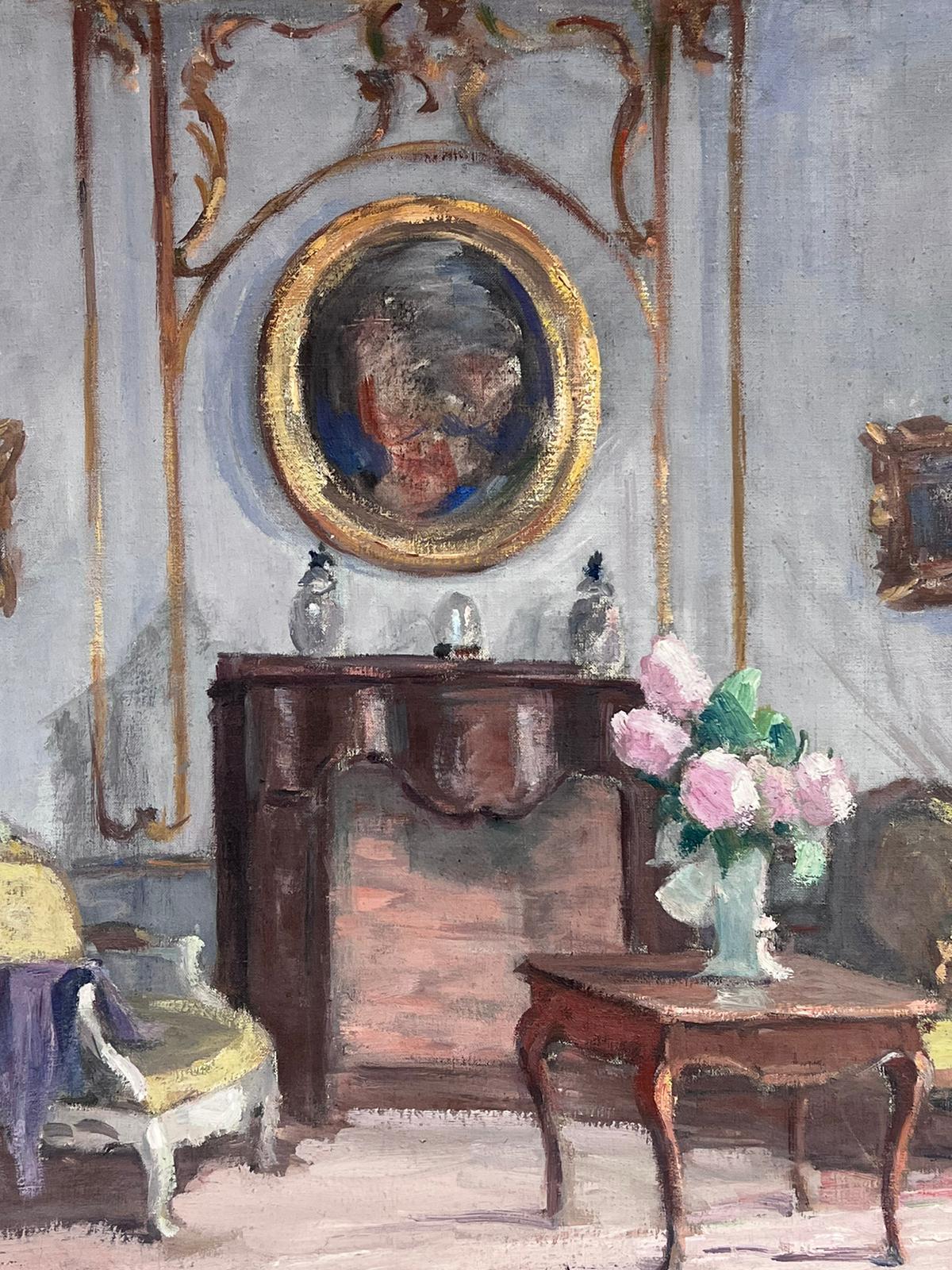1930s French Interior Oil Painting Fine Salon Pastel Pink & Pale Blue Grey Shade For Sale 2