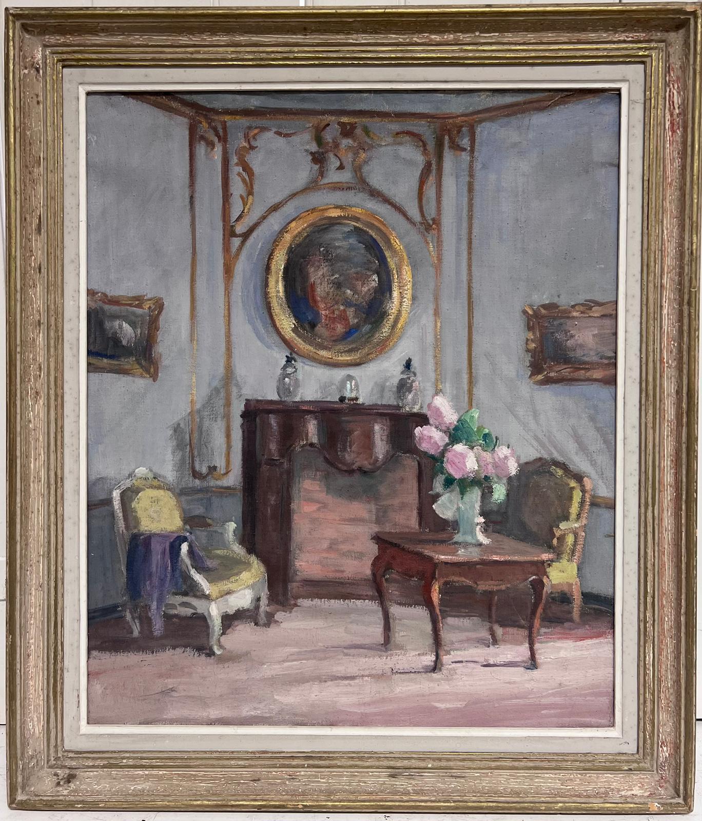 French School Still-Life Painting - 1930s French Interior Oil Painting Fine Salon Pastel Pink & Pale Blue Grey Shade