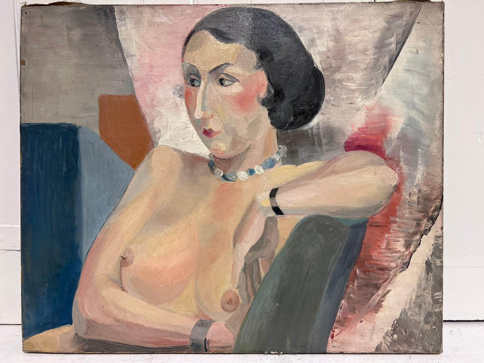 Französisches Ölgemälde aus den 1930er Jahren Porträt einer stilvollen nackten Dame im Sitzen im Innenraum – Painting von French School