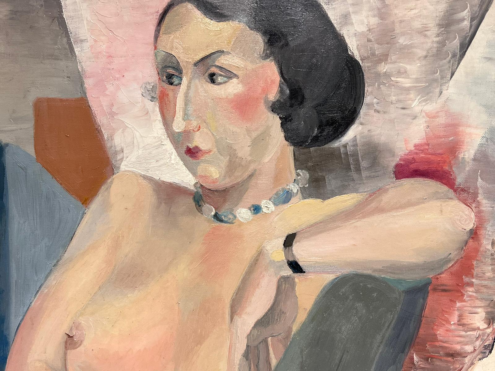 Französisches Ölgemälde aus den 1930er Jahren Porträt einer stilvollen nackten Dame im Sitzen im Innenraum im Angebot 2