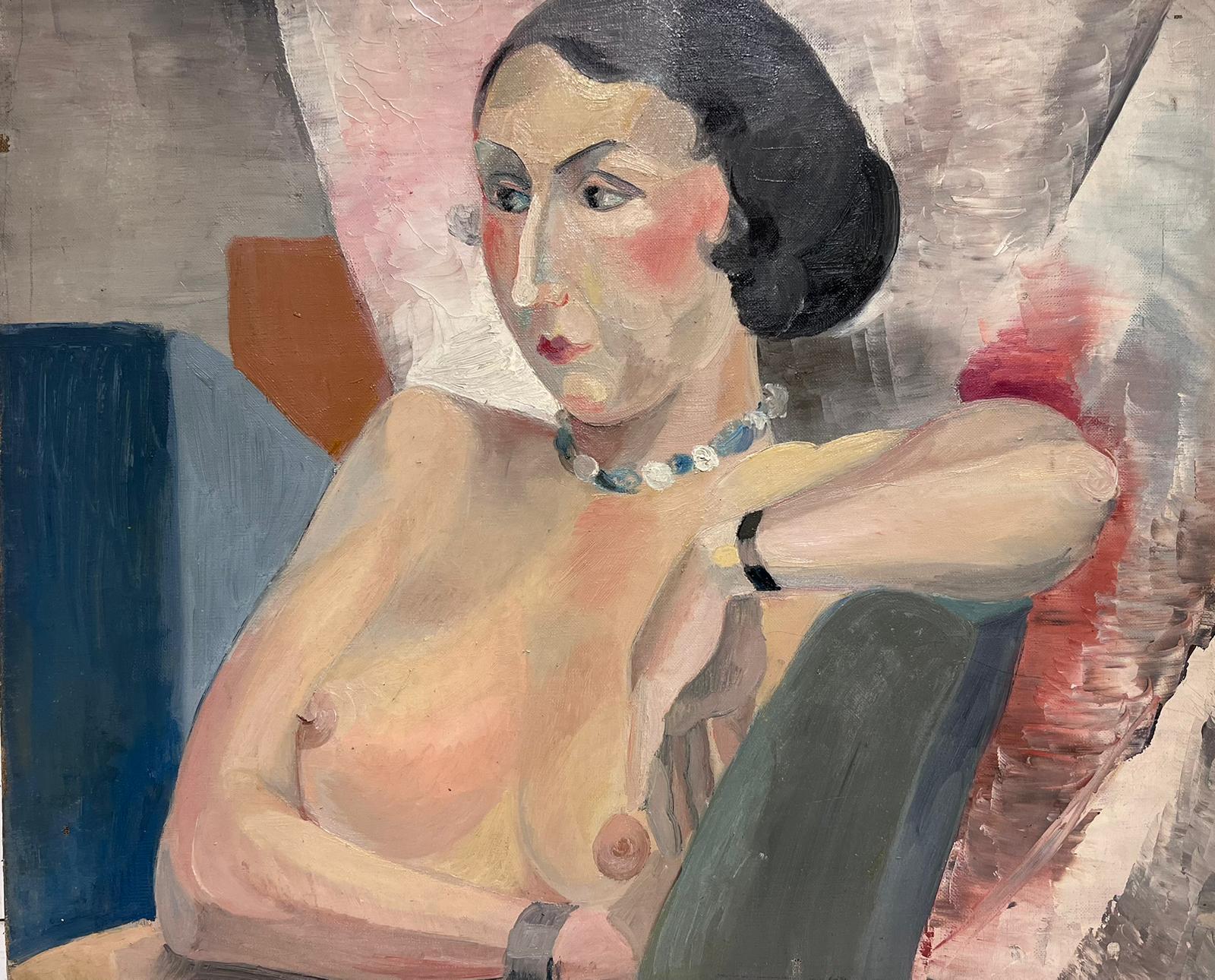 French School Figurative Painting - 1930's French Oil Painting Portrait of Stylish Nude Lady Seated in Interior