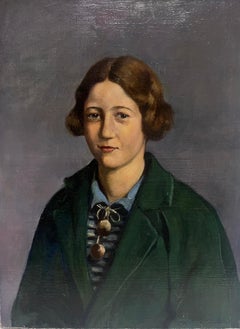 1930's French Oil Painting Portrait of Young Lady in Green Jacket Signed Dated