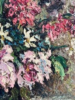 1940's Large French Post-Impressionist Very Thick Oil Painting Pink Flowers