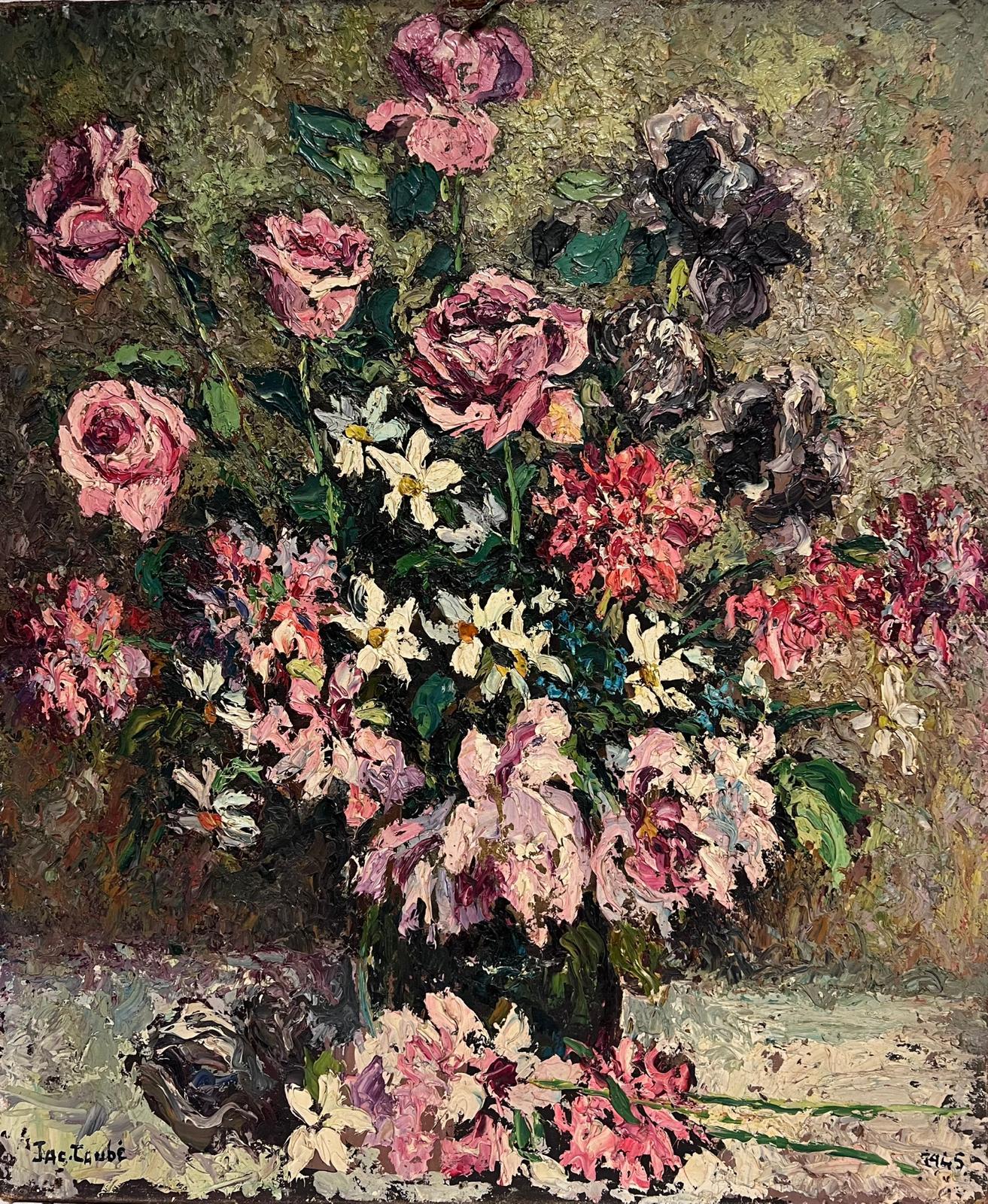 French School Still-Life Painting - 1940's Large French Post-Impressionist Very Thick Oil Painting Pink Flowers
