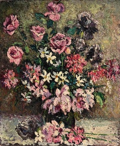 1940's Large French Post-Impressionist Very Thick Oil Painting Pink Flowers