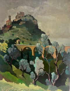 1950's French Modernist Oil Green Landscape Hill Top Perched Village & Bridge