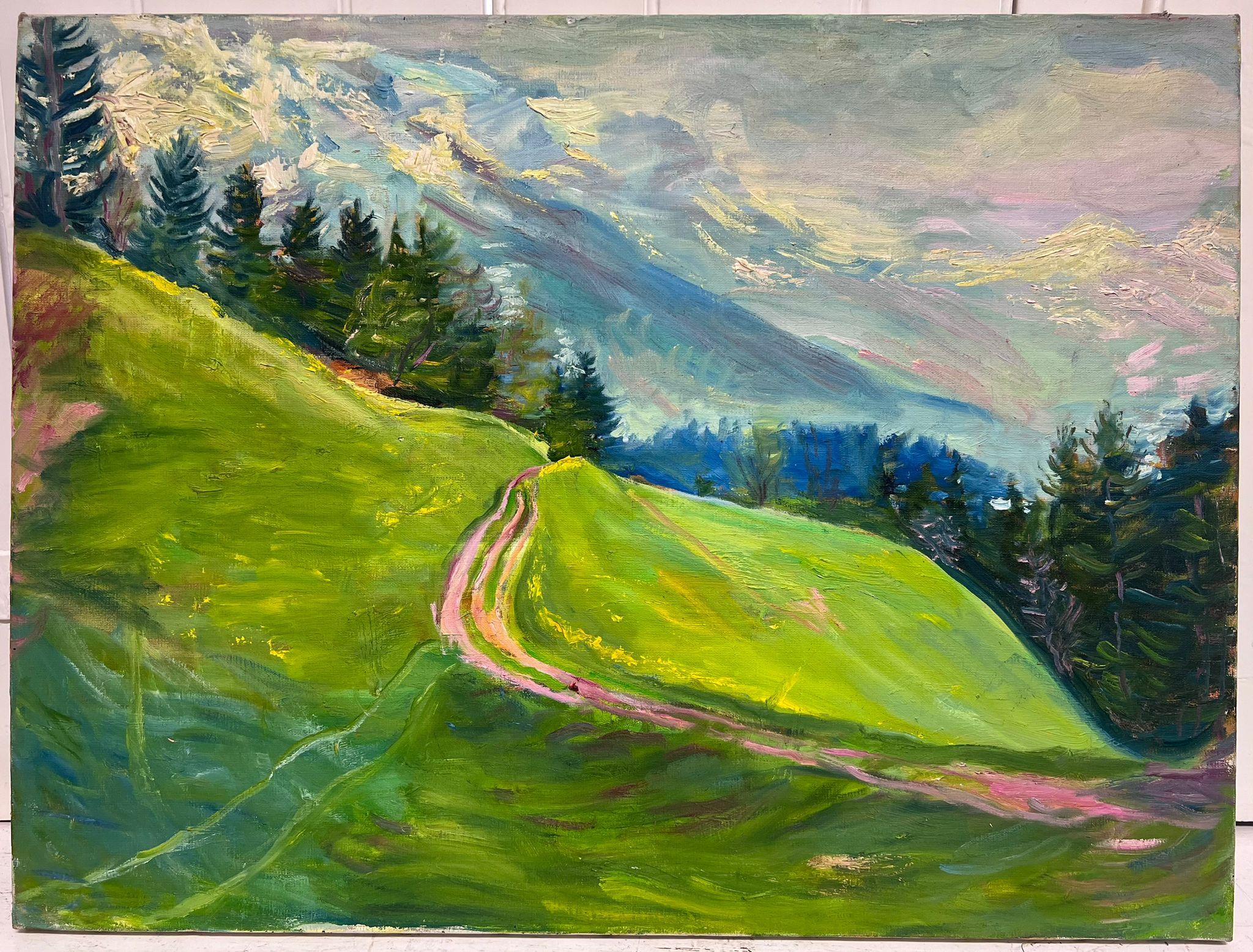 Óleo francés de los años 50 Paisaje alpino de montaña Exuberantes campos verdes Colinas cubiertas de nieve - Painting de French School